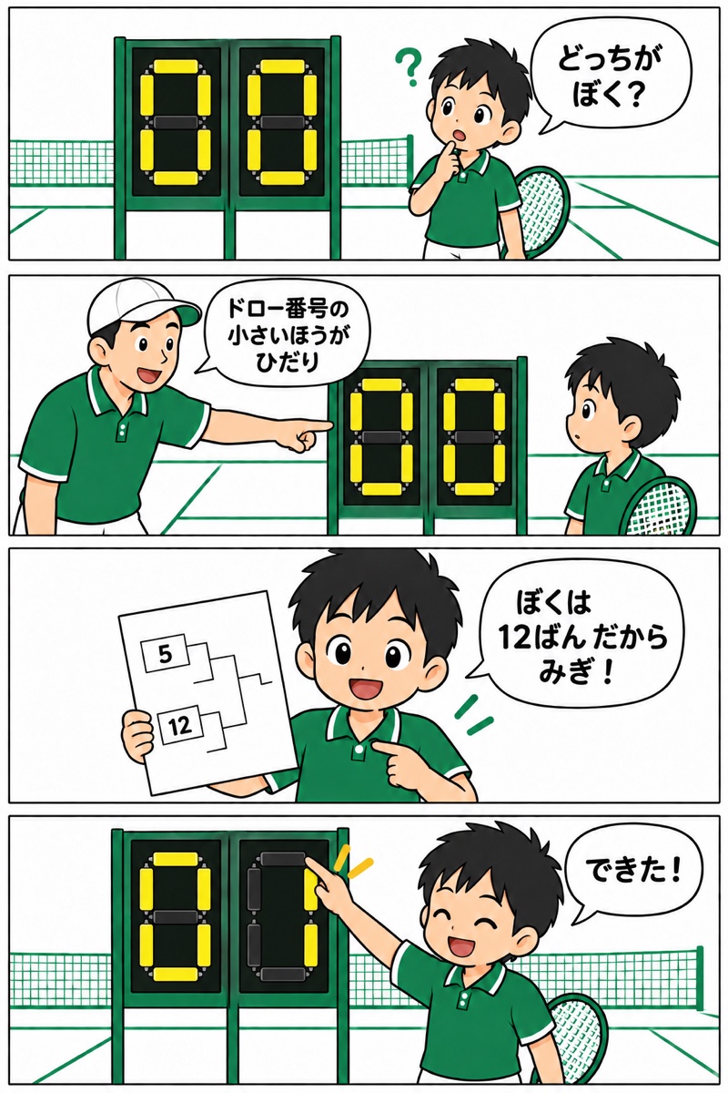 4コマまんが。1コマ目、男の子がとくてんばんの前で「どっちが ぼく？」となやむ。2コマ目、コーチが「ドロー番号の 小さいほうが ひだり」と教える。3コマ目、男の子がドロー表を見て「ぼくは 12ばん だから みぎ！」と気づく。4コマ目、右のばんの いたを めくって「できた！」