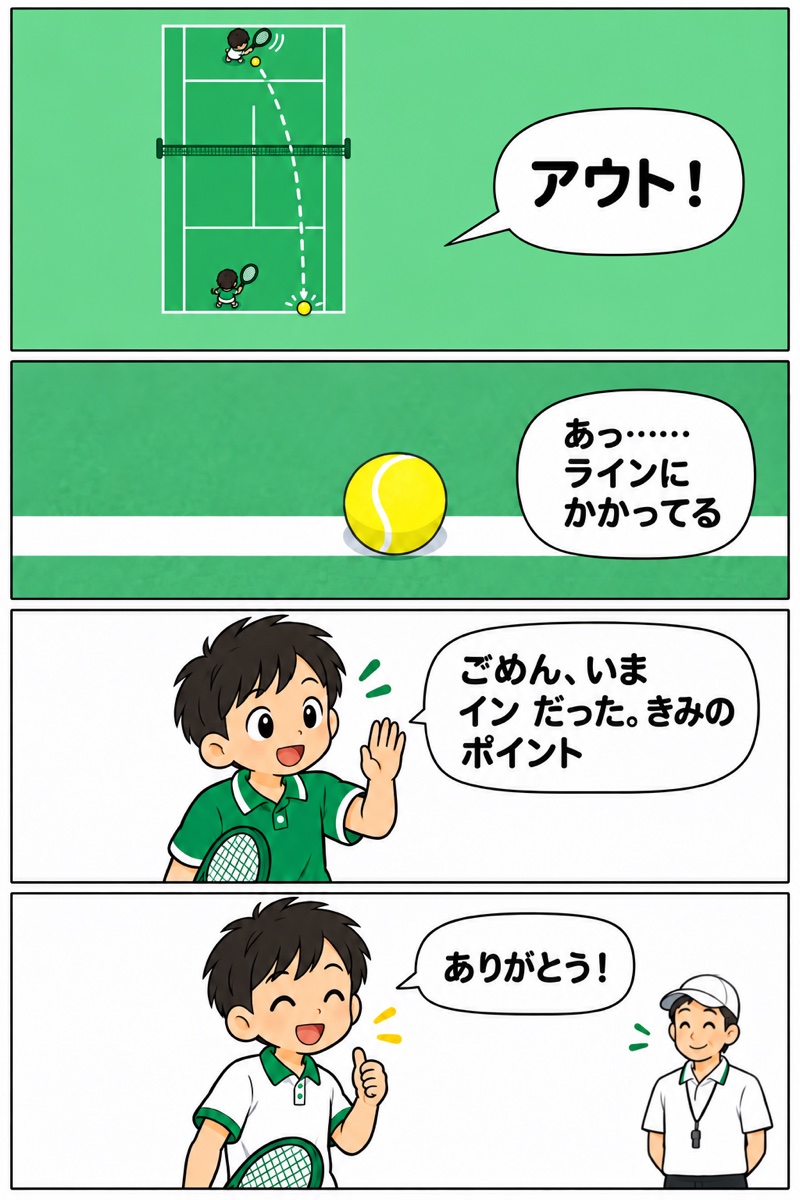 4コマまんが（男の子どうしの試合）。1コマ目、真上から見たコートで、ボールがベースラインに触れて落ちているのに、男の子が「アウト！」と言う。2コマ目、落ちた場所を近くで見ると、ボールが白い線にかかっている。ふきだしは「あっ…… ラインに かかってる」。3コマ目、男の子が手をあげて「ごめん、いま イン だった。きみの ポイント」。4コマ目、相手の男の子が笑顔で「ありがとう！」、うしろでコーチがうなずいている