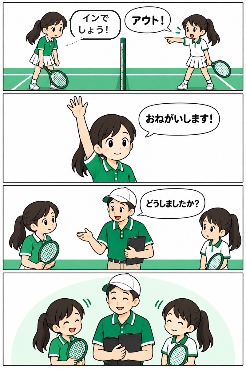 4コマまんが（女の子どうしの試合）。1コマ目、ネットをはさんで、相手の女の子が「アウト！」、こちらの女の子が「インでしょう！」と意見が分かれる。2コマ目、言い合いを続けずに手をまっすぐあげて「おねがいします！」。3コマ目、帽子の審判が来て「どうしましたか？」。4コマ目、審判が話を聞き、2人が笑顔でうなずいている