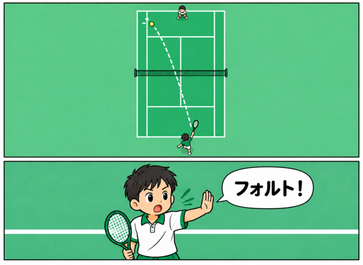 2コマまんが（男の子どうしの試合）。1コマ目、真上から見たコートで、サーブが点線の軌道でサーブを入れる四角の外に落ちる。2コマ目、受ける側の男の子が手を出して「フォルト！」
