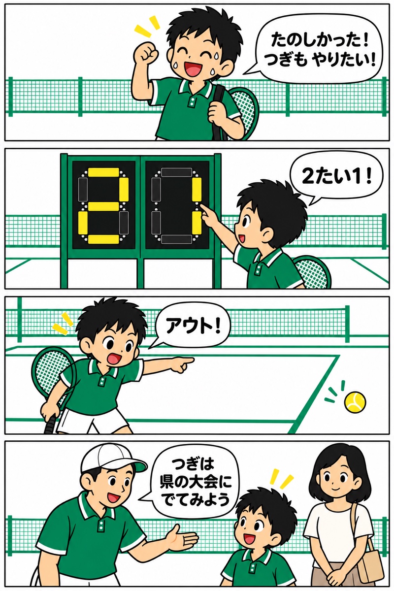 4コマまんが。1コマ目、初級の大会を終えた男の子が笑顔で「たのしかった！ つぎも やりたい！」。2コマ目、得点板の板を自分でめくって「2たい1！」。3コマ目、コートでボールの落ちた場所を指さし、大きな声で「アウト！」。4コマ目、コーチが「つぎは 県の大会に でてみよう」と話し、うしろでお母さんが見守っている