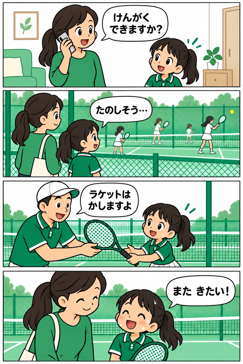 4コマまんが。1コマ目、お母さんが電話で「けんがく できますか？」。2コマ目、親子でコートの外から練習を見て「たのしそう…」。3コマ目、コーチがラケットを手渡して「ラケットは かしますよ」。4コマ目、体験を終えた女の子が「また きたい！」
