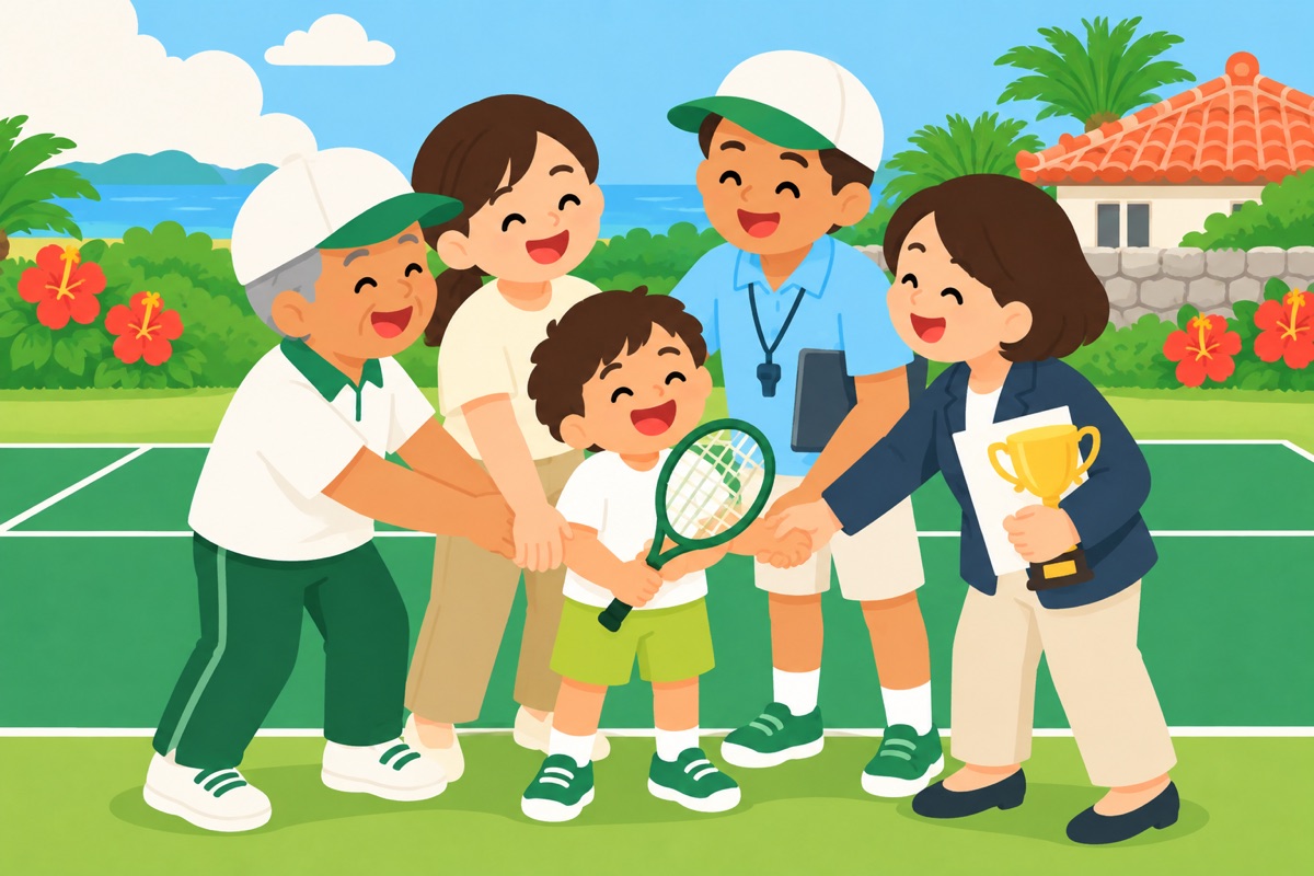 ラケットを持った子どもと親を、少年団の団長・地域スポーツクラブ・テニス協会の人が囲んでいる
